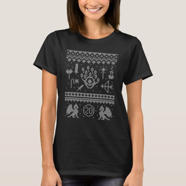 Dungeon Ugly jul Sweater Dragon D20 Dice Tab T Shirt (Framsida)