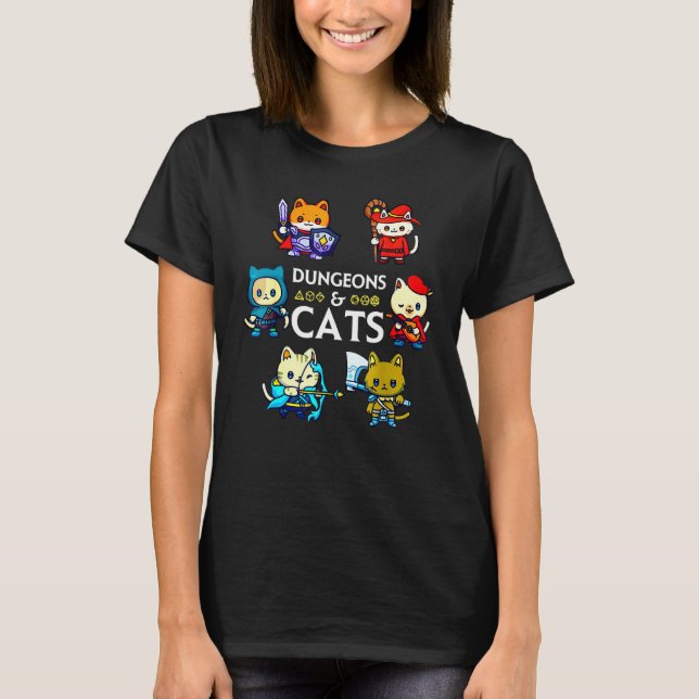Dungeons and Cats RPG D20 Dice Nerdy Fantasy Gamer T Shirt (Framsida)