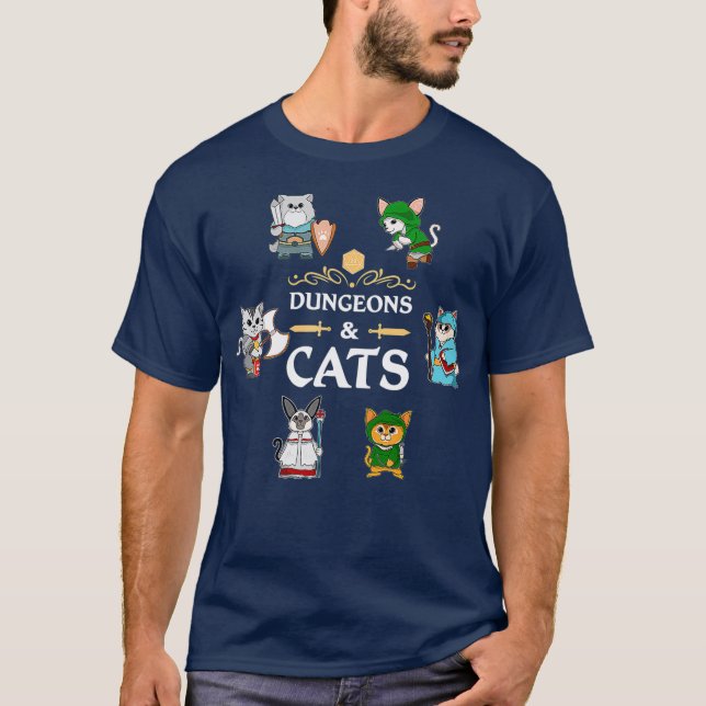 Dungeons and Cats RPG D20 Fantasy Roleplay T Shirt (Framsida)