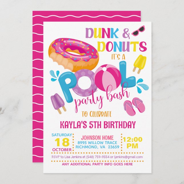 Dunk & Donuts Pool Party Inbjudan (Fram/baksida)