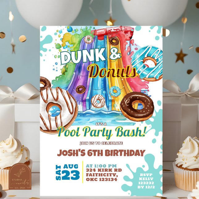 Dunk och Donut Vattenrutschbana Pool Party Födelse Inbjudningar (Skapare uppladdad)