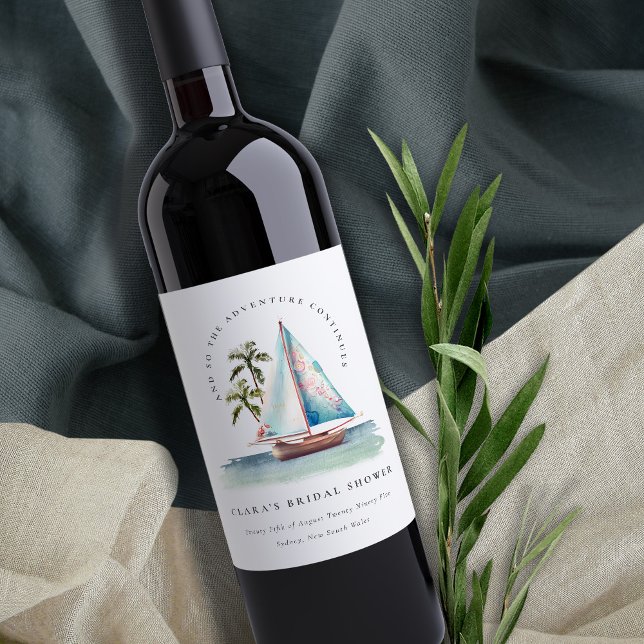 Dunkel turkos segelbåt Palm Sjölandskap Bröllopsfe Vinflaska Etikett (Skapare uppladdad)