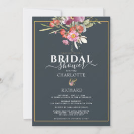 Dunkelblå, rosa blomster- och guldbröllopsdusch   inbjudningar