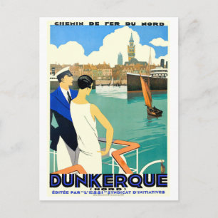 Dunkirk stadsvik, Frankrike, par på båt, vintage Vykort