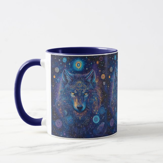 Dunkler Wolf mit Mandala magischer Sternenhimmel Mugg (Vänster)