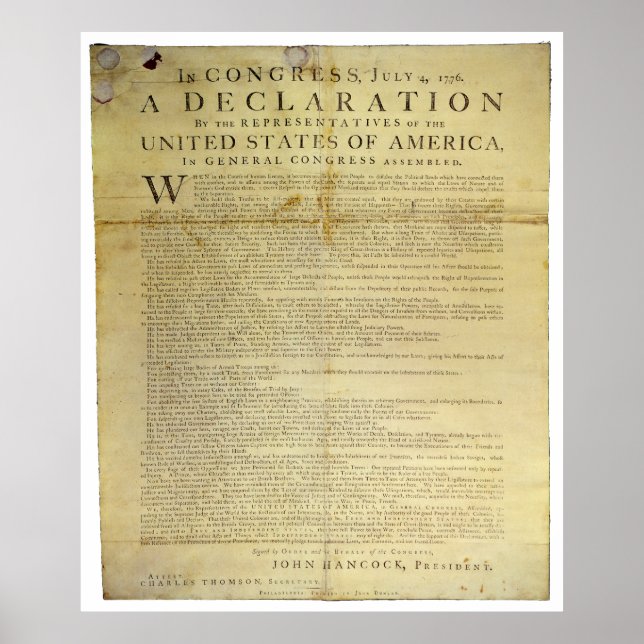 Dunlap Broadside Declaration of Independence 1774 Poster (Framsidan)