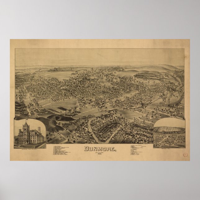 Dunmore Pennsylvania 1892 Antique Panoramic Karta Poster (Framsidan)