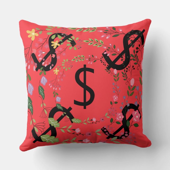 Duo Tone Dollar $ign Grön Röd Blommig Kudde (Baksida)