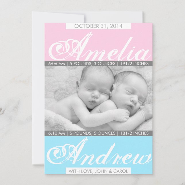 Duo Tones, Twin Birth Notice Meddelande (Framsida)
