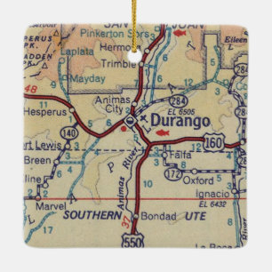 Durango CO Vintage Karta Julgransprydnad Keramik
