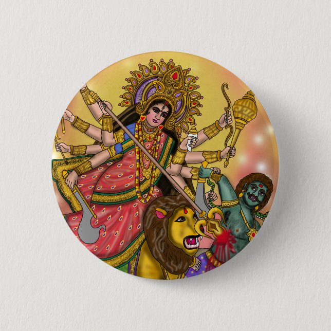 Durga dödar Mahishasura-knapp Knapp (Framsida)