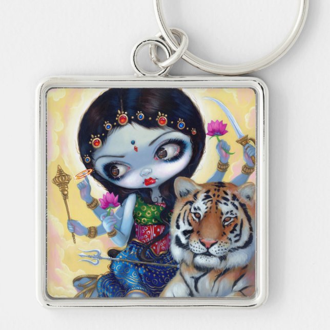 "Durga och tigern" Keychain Fyrkantig Silverfärgad Nyckelring (Framsidan)