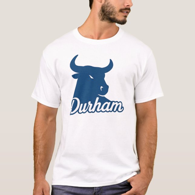 Durham Bull Head Logotyp - Bold Blue Script City T Shirt (Framsida)