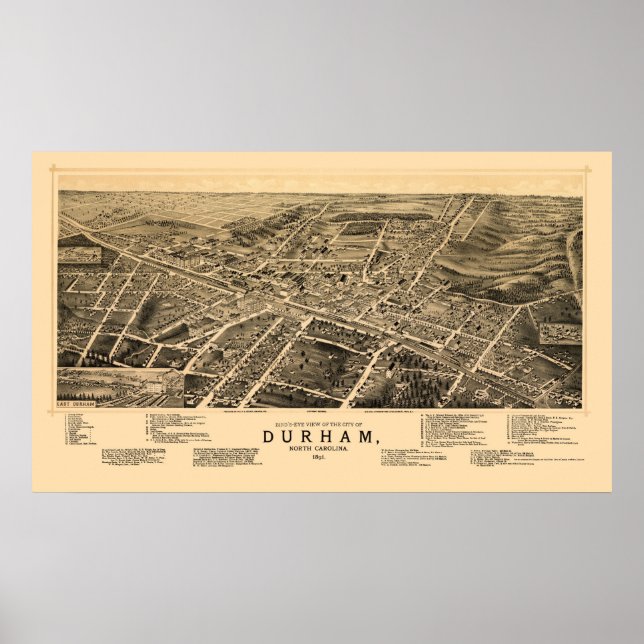 Durham, NC Panoramic Karta - 1891 Poster (Framsidan)