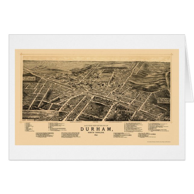 Durham panorama- karta för NC - 1891 Hälsningskort (Framsidan Horizontal)