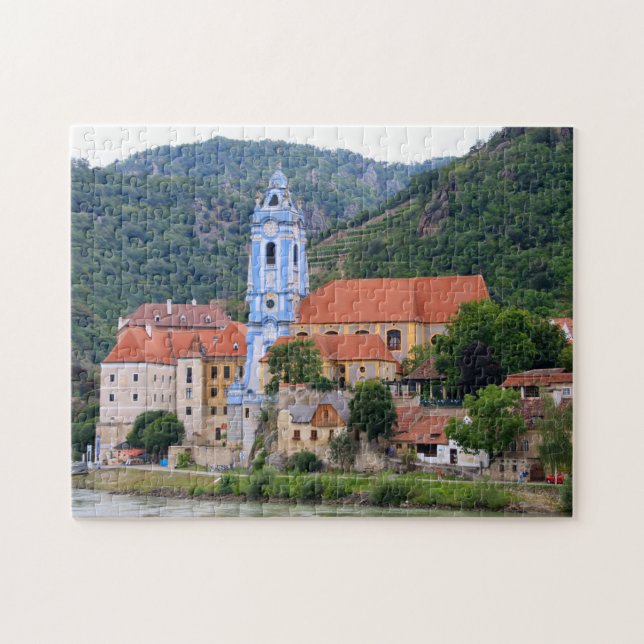 Durnstein och blå kyrkspire, Österrike Pussel (Horisontell)