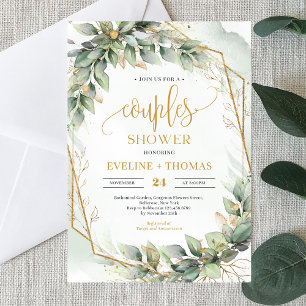 dusch av Boho grönt eucalyptus guld glitter par Inbjudningar
