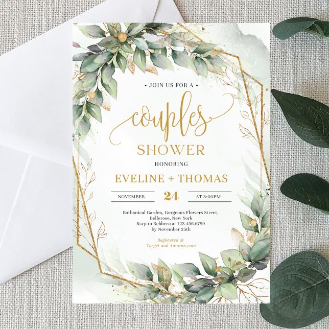 dusch av Boho grönt eucalyptus guld glitter par Inbjudningar (Boho watercolor green eucalyptus and gold glitter couples shower invitation)