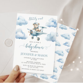 Dusch för det blå flygplanet nalle pojke inbjudningar