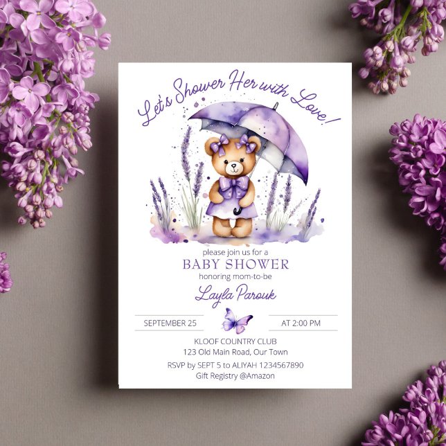 Dusch med kärlek söt teddybjörn baby shower inbjudningar (Shower with love cute teddy bear purple dress umbrella baby shower template invitation digital downl)