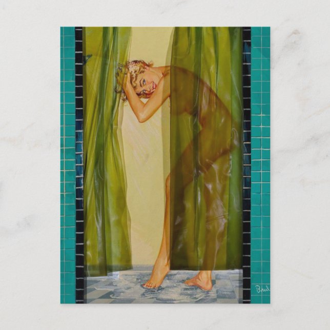 Dusch tid Vintage Pin-up flicka vykort (Framsida)