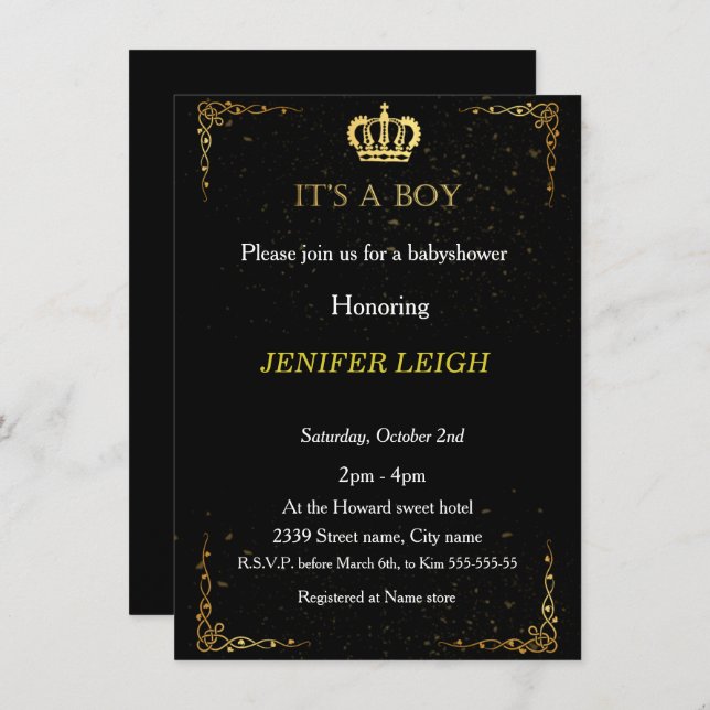 Duschinbjudan till Golden Krona Pojke Inbjudningar (Fram/baksida)