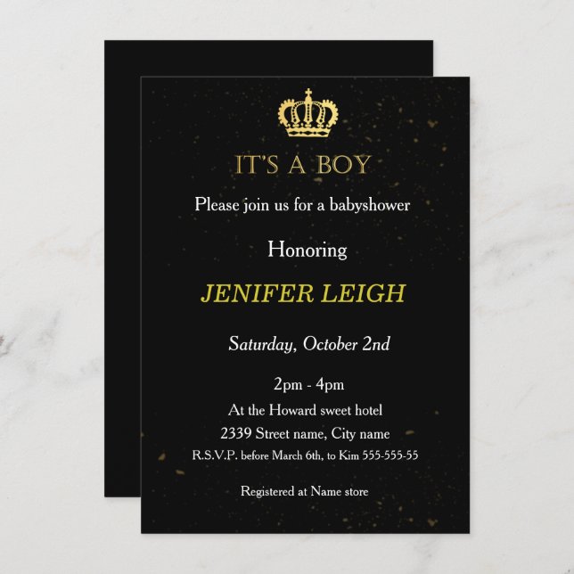 Duschinbjudan till Golden Krona Pojke Inbjudningar (Fram/baksida)