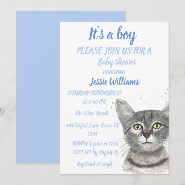 Dusinbjudan till Cute Cat Kattunge Kitten Blue Poj Inbjudningar (Fram/baksida)
