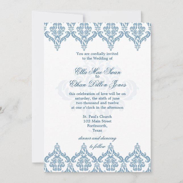 Dusk Blue och White Damask Wedations inbjudningar (Framsida)