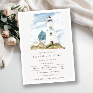 Dusky Aqua Blue Lighthouse Mountain Wedding bjudan Tack Kort