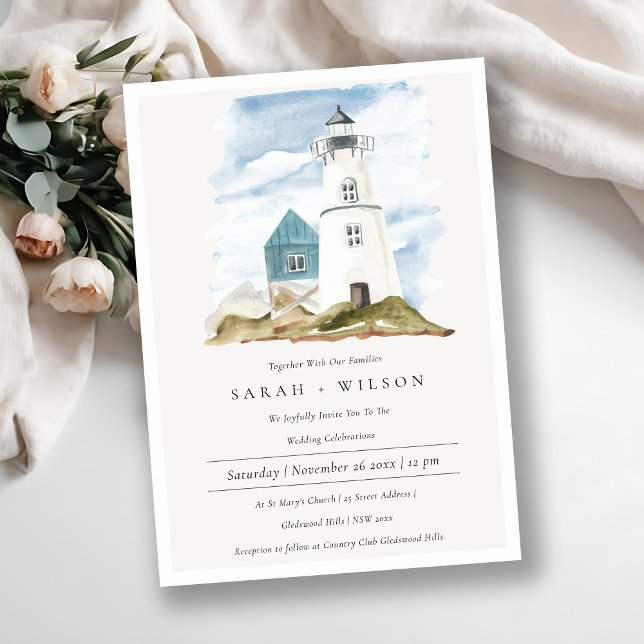 Dusky Aqua Blue Lighthouse Mountain Wedding bjudan Tack Kort (Skapare uppladdad)