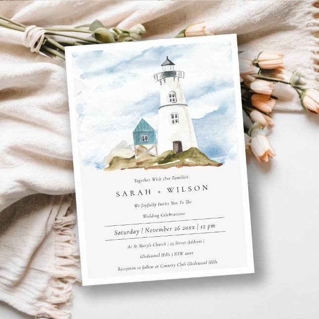 Dusky Aqua Blue Lighthouse Mountain Wedding bjudan Tack Kort (Skapare uppladdad)