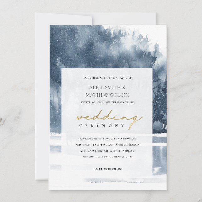 DUSKY BLÄCK BLUE FOREST SJÖ GRÄS WEDDING INVITE TACK KORT (Framsida)