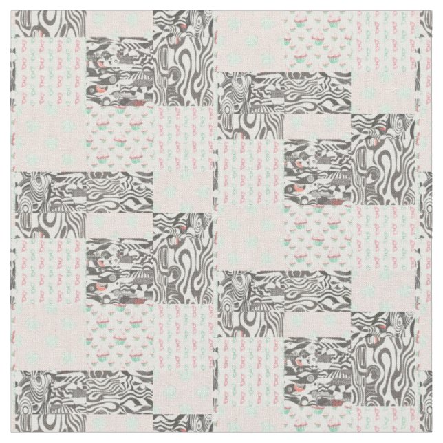 Dusky Black Grått, White, Red & Grönt Design Tyg (Närbild)