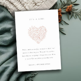 Dusky Blommigt Heart Baby Announcement Tack Kort