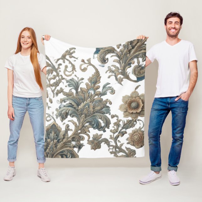 Dusky Blue Blommigt Brocade Mönster Fleecefilt (På plats)