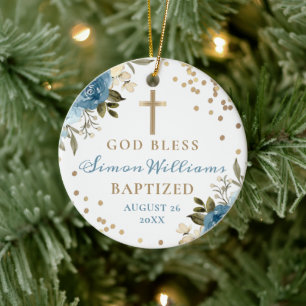 Dusky Blue Blommigt Guld Glitter Baptism Photo Julgransprydnad Keramik