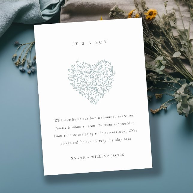 Dusky Blue Blommigt Heart Baby Announcement Tack Kort (Skapare uppladdad)