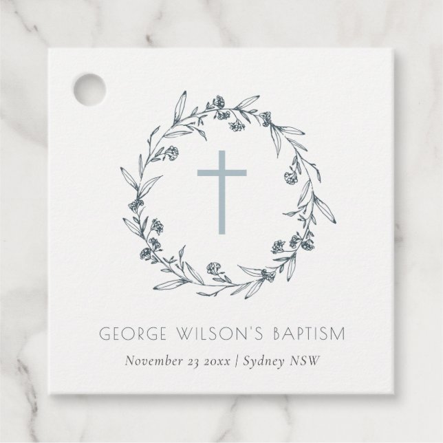 Dusky Blue Blommigt Laurel Wandeandemonogram Bapti Gåvor Etiketter (Framsida)