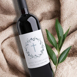 Dusky Blue Blommigt Laurel Wandeandemonogram Bapti Vinflaska Etikett