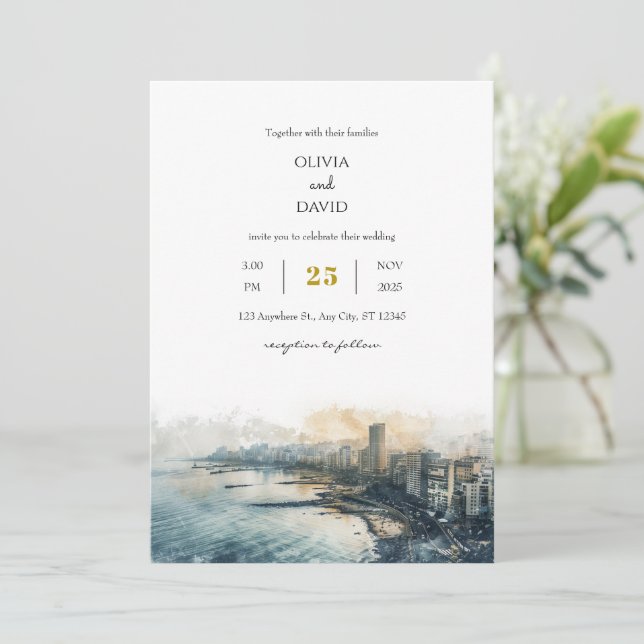 Dusky Blue Coastal Skyline City View Beach Wedding Inbjudningar (Stående Fram)