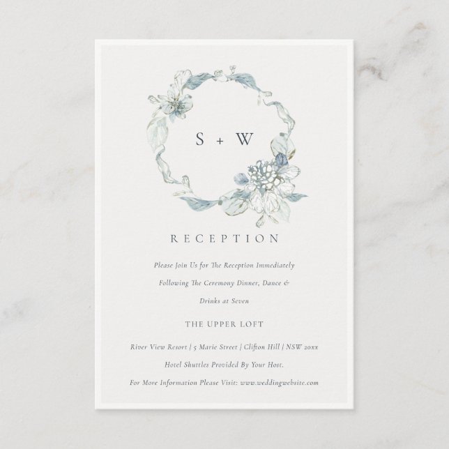 Dusky Blue Flora Wandeand Monogram Wedding Recepti Tilläggskort (Framsida)