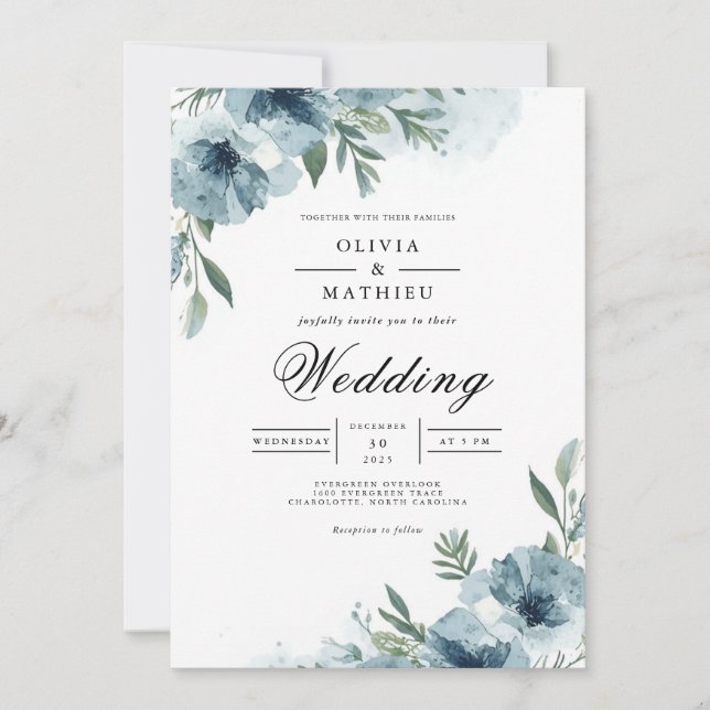 Dusky Blue Floral Swirl Wedding Inbjudningar (Framsida)