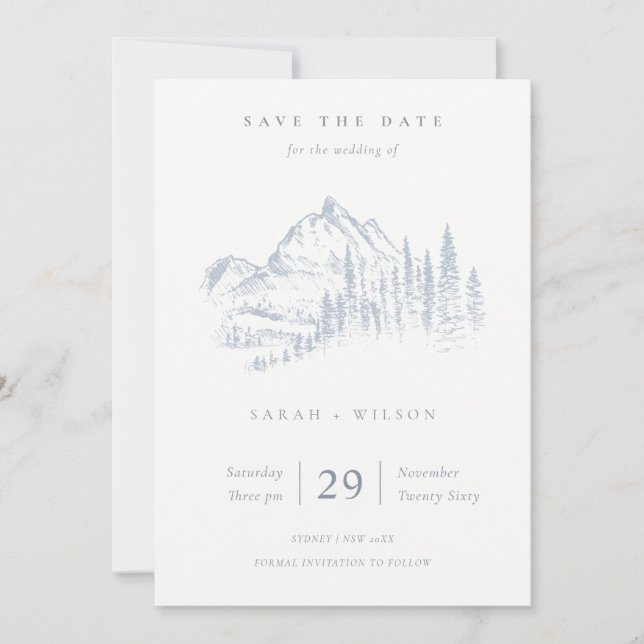 Dusky Blue Grått Kraft Rustic Gräs Mountain Sketch Spara Datumet (Framsida)