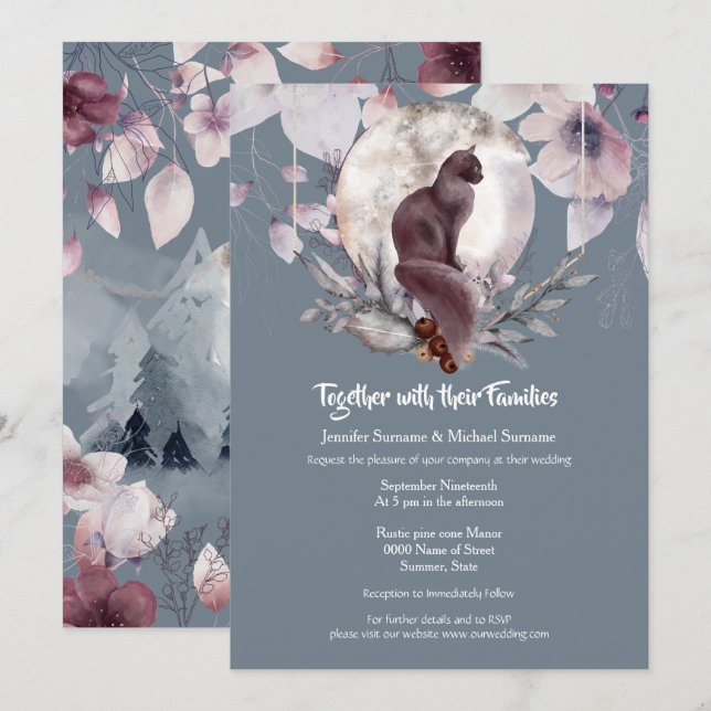 Dusky blue grått-skiffer, svart katt måne inbjudningar (Fram/baksida)