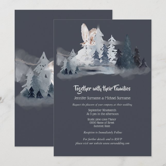 Dusky blue grått vattenfärgsskog gräs träd uggla inbjudningar (Fram/baksida)