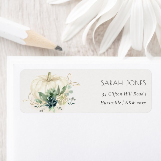 Dusky Blue Grönt Guld Succulent Pumpkin Adress Returadress Etikett (Insitu)