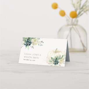 Dusky Blue Grönt Guld Succulent Pumpkin Bröllop Placeringskort
