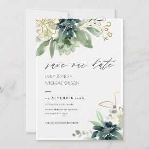 Dusky Blue Grönt Succult Save the Date Inbjudan