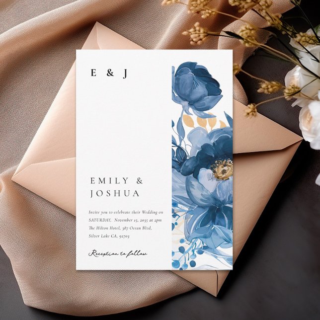 Dusky Blue Guld Blommigt bröllopsinbjudan Inbjudningar (Skapare uppladdad)